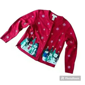 Vintage Embroidered Snowman Cardigan Ugly Christmas Sweater Petite Small Cottage